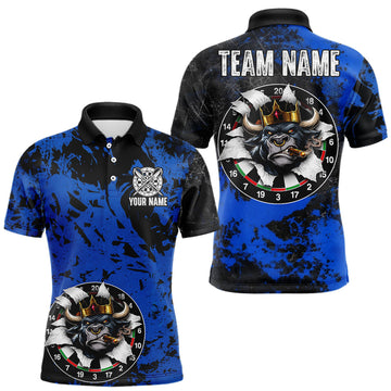 Maxcorners Personalized Black & Grunge Crown Blue Funny Bull Cracked Darts Shirts For Men Dart Team Jerseys