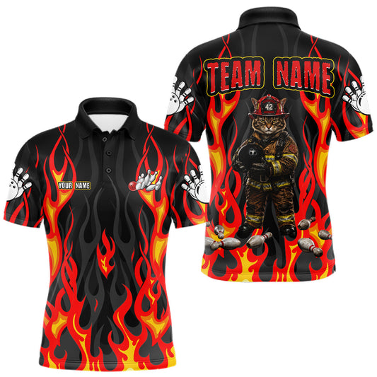 Maxcorners Personalized Funny Cat Firefighter Fire Flame Men Bowling Shirt Custom Team Shirts For Bowlers LM1005