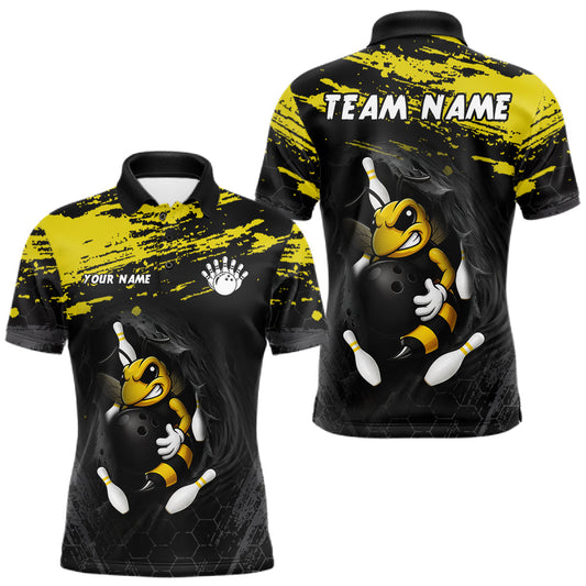 Maxcorners Custom Angry Bee Bowling Shirt Funny Bowling Team League Yellow Grunge Bowling Jersey For Men LM1005