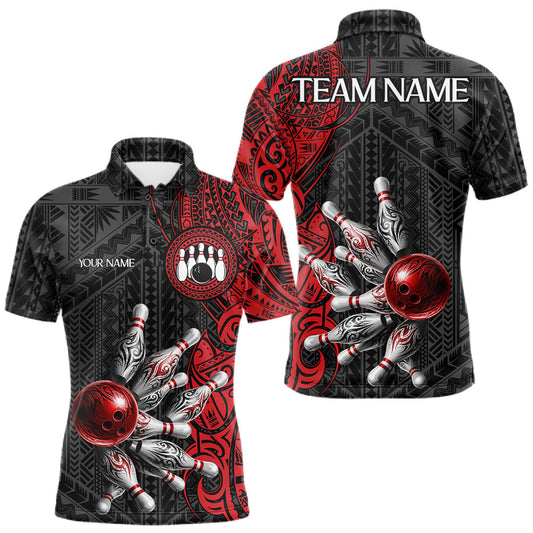 Maxcorners Red And Black Polynesian Tribal Bowling Ball & Pins Shirt For Men Custom Bowling Team Shirts Outfit LM1005