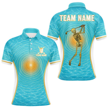 Maxcorners White, Gold & Blue Ocean Skeleton Golf Polo Shirts For Men Custom Skull Golf Team Jersey, Golf Gifts