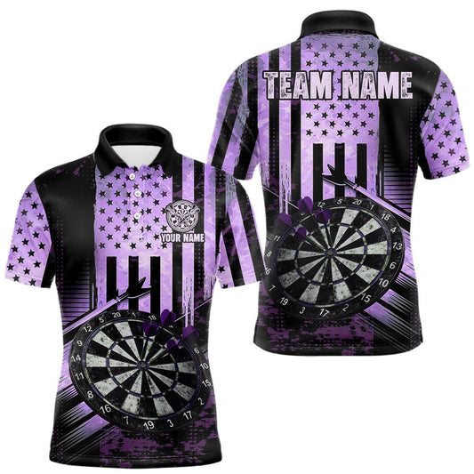 Maxcorners Purple US Flag Grunge Dartboard & Arrow Men Darts Polo Shirts Custom Dart Team Jersey LM0901