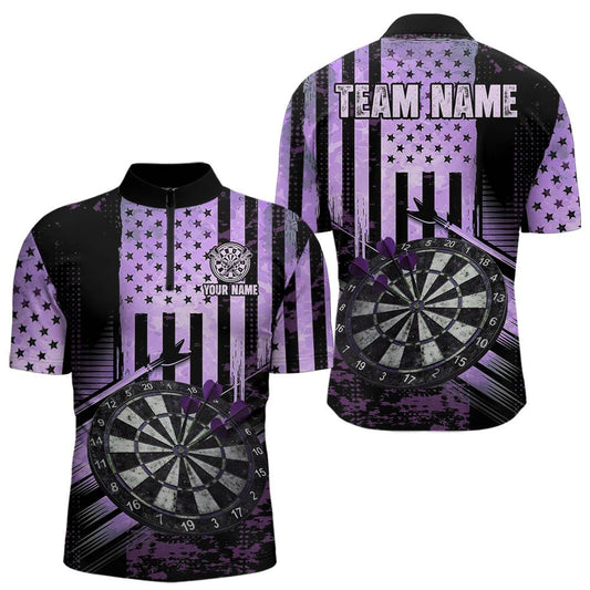 Maxcorners Purple US Flag Grunge Dartboard & Arrow Men Darts 1/4-Zip Shirts Custom Dart Team Jerseys LM0901
