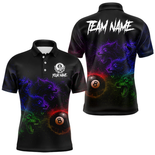 Maxcorners Horror Wolfs Colorful Flames Smoke Pool 8 Ball Men Billiard Shirt Custom Ball Billiard Team Attire