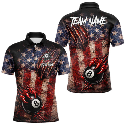 Maxcorners Personalized Cracked US Flag Grunge Claws Pool 8 Ball Men's Billiard Team Shirt Billiard Attire