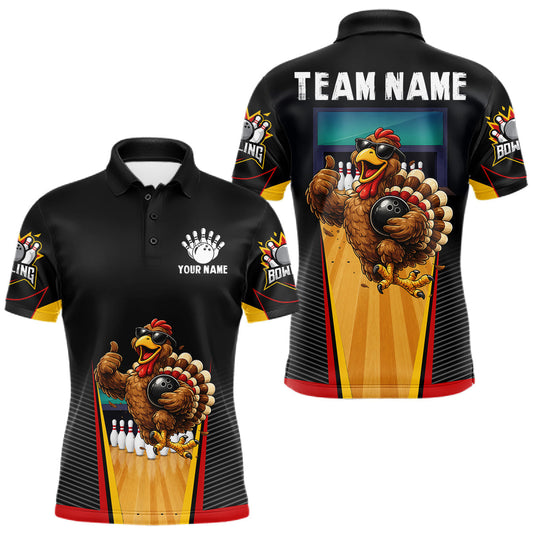 Maxcorners Funny Rooster Black & Red Bowling Polo Quarter-Zip Shirt For Men Custom Bowling Team Jersey