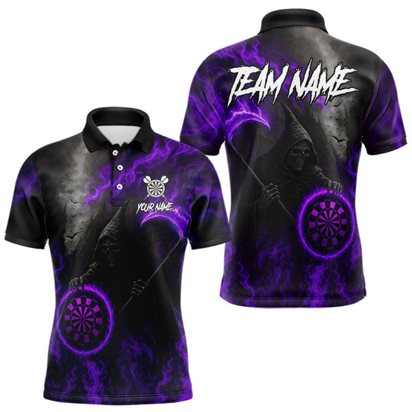 Maxcorners Custom Purple Flaming Dartboard Grim Reaper Dart Men Polo Shirt Dart Team Jerseys MT1110