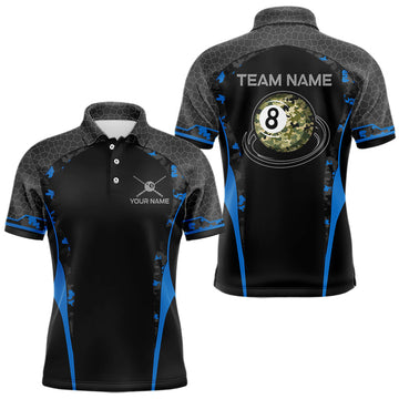Maxcorners Camo 8 Ball Pool Billiard Polo & 1/4-Zip Shirt For Men Custom Blue And Black Billiard Team Attire