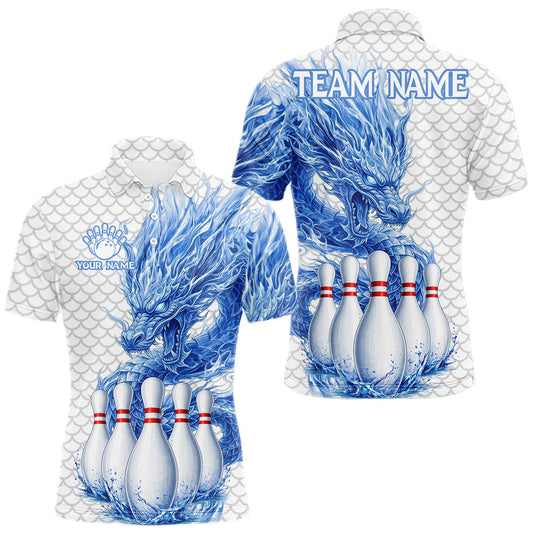 Maxcorners White And Blue Bowling Dragon Polo Quarter Zip Shirts For Men Custom Splatter Team Bowling Jerseys