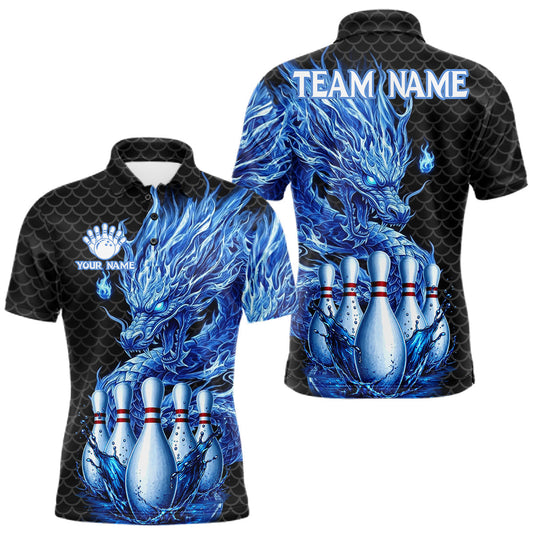 Maxcorners Black And Blue Bowling Dragon Polo Quarter Zip Shirts For Men Custom Splatter Team Bowling Jerseys