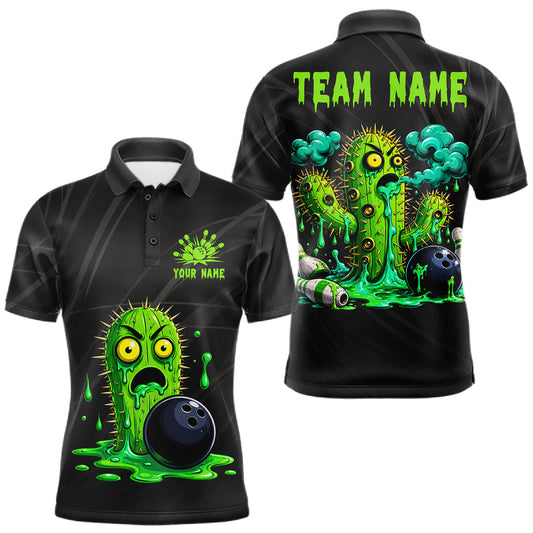Maxcorners Dripping Green Cactus Funny Bowling Shirts For Men Custom Bowling Polo Quarter Zip Jerseys