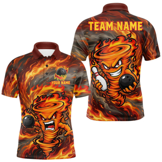 Maxcorners Red Storm Tornado Fire Flame Bowling Polo & 1/4 Zip Shirts For Men Custom Bowling Team Jerseys