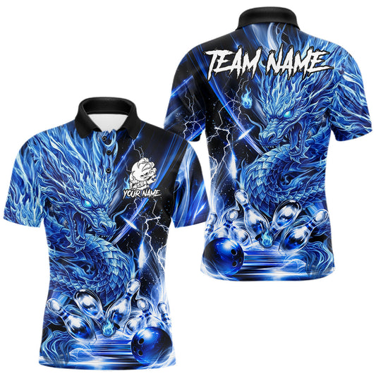 Maxcorners Thunder Lightning Blue Bowling Dragon Polo 1/4-Zip Shirts For Men Custom Funny Team Bowling Jerseys