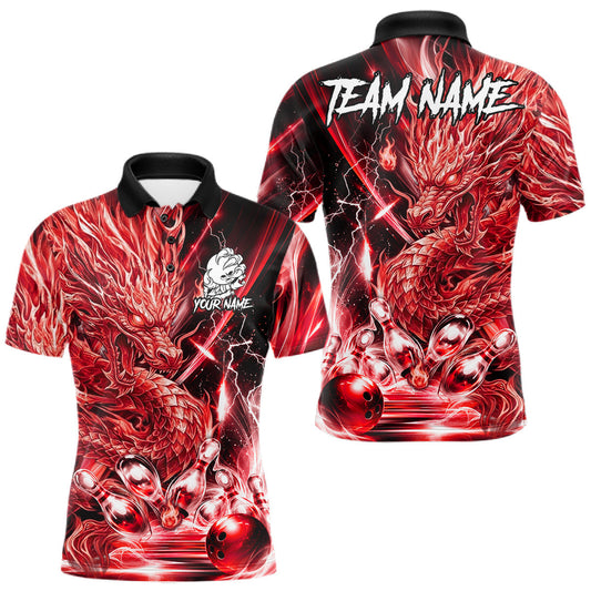 Maxcorners Thunder Lightning Red Bowling Dragon Polo 1/4-Zip Shirts For Men Custom Funny Team Bowling Jerseys