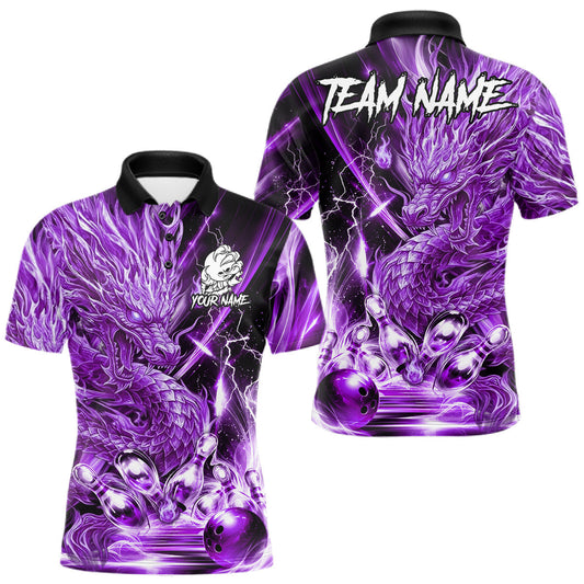 Maxcorners Thunder Lightning Purple Bowling Dragon Polo 1/4-Zip Shirts For Men Custom Funny Team Bowling Jerseys