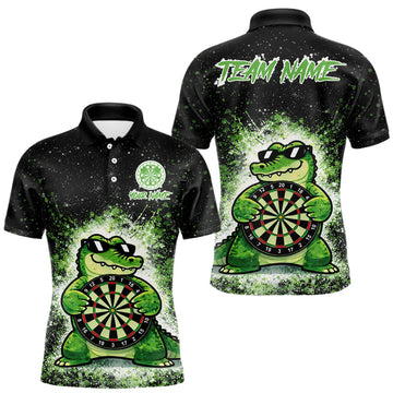 Maxcorners White And Green Funny Crocodile Hold Dartboard Dart Polo Shirts For Men Custom Dart Team Shirts LM1202
