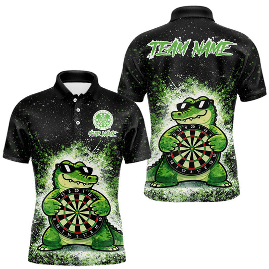Maxcorners White And Green Funny Crocodile Hold Dartboard Dart Polo Shirts For Men Custom Dart Team Shirts LM1202