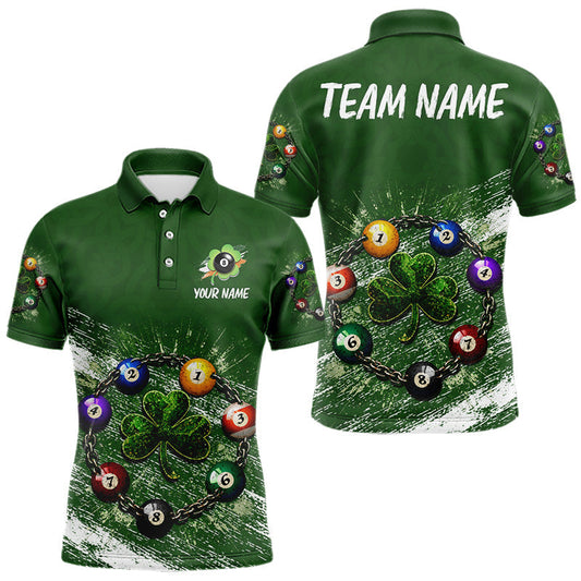 Maxcorners White Green Grunge Shamrock 8 Ball Men Billiards Shirt Personalized St Patrick's Day Pool Balls Shirt LM1202