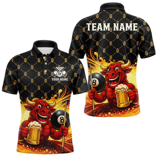 Maxcorners Beer & Funny Bull Play Pool 8 Ball Men Billiard Team Shirt Custom Billiard Polo & 1/4 Zip Attire
