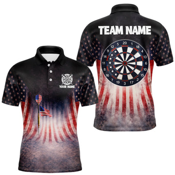 Maxcorners American Flag Grunge Dart Arrow Patriotic Dart Polo Shirts For Men Custom Name For Dart Players LM1202