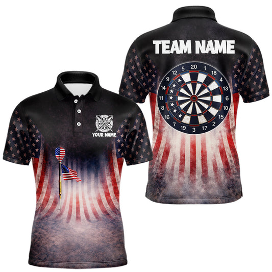 Maxcorners American Flag Grunge Dart Arrow Patriotic Dart Polo Shirts For Men Custom Name For Dart Players LM1202