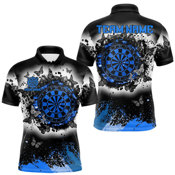 Maxcorners Custom White, Blue And Black Grunge Butterfly Dart Polo 1/4-Zip Shirt For Men Dart Team Jersey