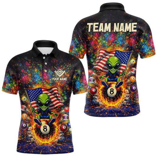 Maxcorners Colorful Splatter Funny Alien Fire 8 Ball Men Billiards Shirt Personalized Pool Balls Billiard Attire LM1202