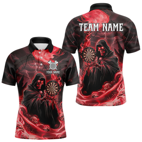 Maxcorners Custom Red Grim Reaper Fire Flames Dart Men Polo Jerseys Outfits Skull Dart Shirt LM1610