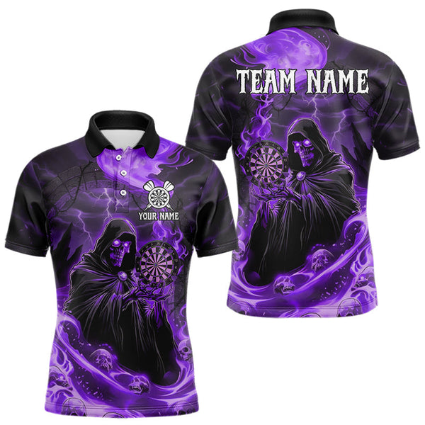 Maxcorners Custom Purple Grim Reaper Fire Flames Dart Men Polo Jerseys Outfits Skull Dart Shirt LM1610
