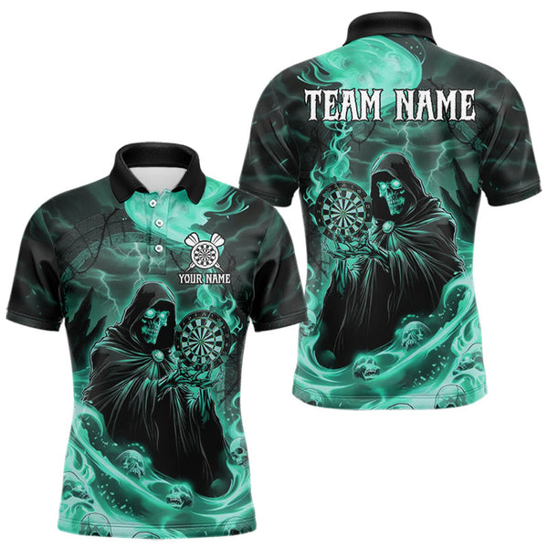 Maxcorners Custom Turquoise Grim Reaper Fire Flames Dart Men Polo Jerseys Outfits Skull Dart Shirt LM1610