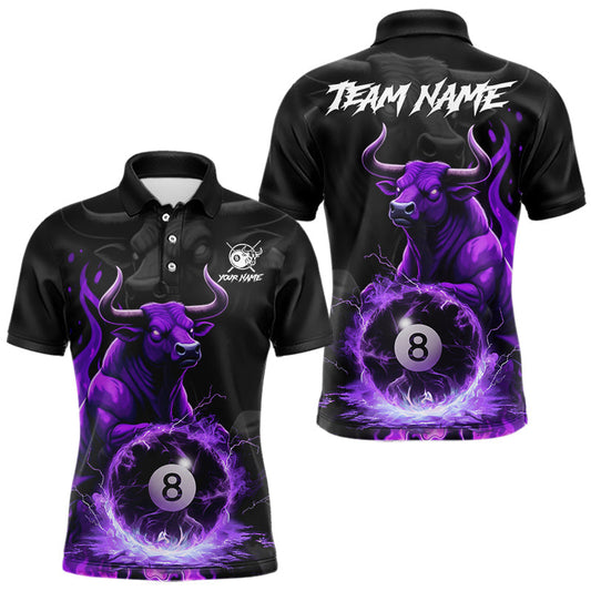 Maxcorners Black & Purple Flames Pool 8 Ball Men's Billiard Team Shirt Custom Funny Bull Billiard Attire