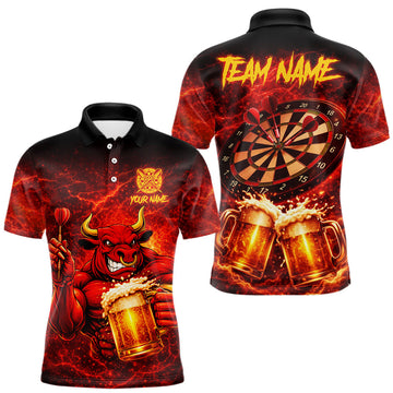 Maxcorners Red|Funny Bull & Beer Thunder Lightning Dart Polo Shirts For Men Custom Name For Darters LM2602