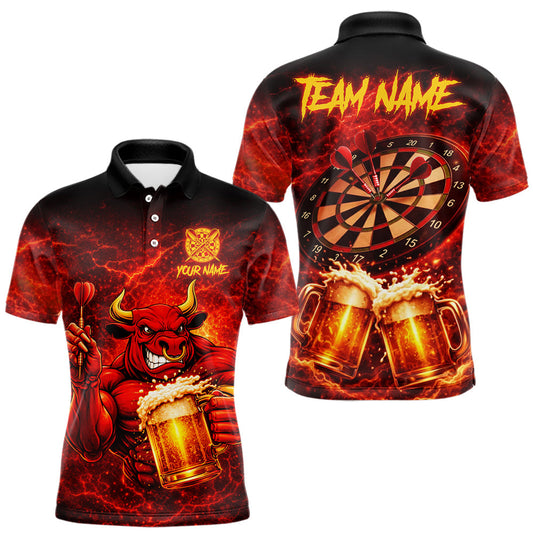 Maxcorners Red|Funny Bull & Beer Thunder Lightning Dart Polo Shirts For Men Custom Name For Darters LM2602