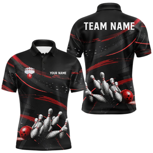 Maxcorners Black And Red Grunge Bowling Ball & Pins Jersey For Men Personalized Team Bowling Shirts LM1705