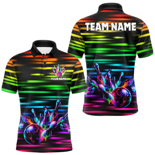 Maxcorners Colorful Splatter Paint Bowling Shirt For Men Custom Rainbow Strike Lightning Team Bowling Attire LM1705