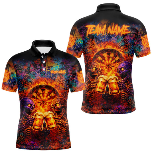 Maxcorners Funny Skeleton Cheer Beer Flame Men Darts Polo Shirt Custom Graffiti Dart Team Jerseys LM1501