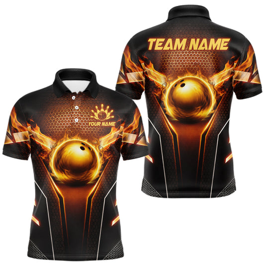 Maxcorners Custom Fire Flame Bowling Jerseys For Men, Personalized Bowling Pin & Ball Team Shirts | Yellow LM1705