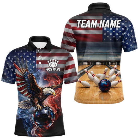 Maxcorners Personalized Fire Flame USA Flag Eagle Bowling Team Shirts For Men Outfits Patriotic Bowling Gifts LM1005