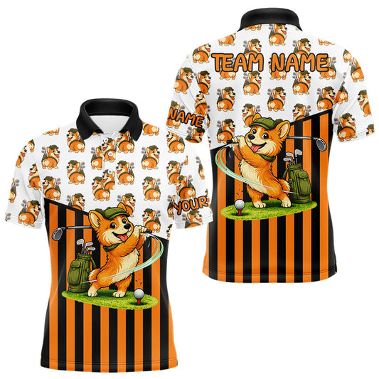 Maxcorners Funny Mens Cute Dog Pattern Golf Polo Shirt Custom Orange Golfing Dog Golf Clothes Attire