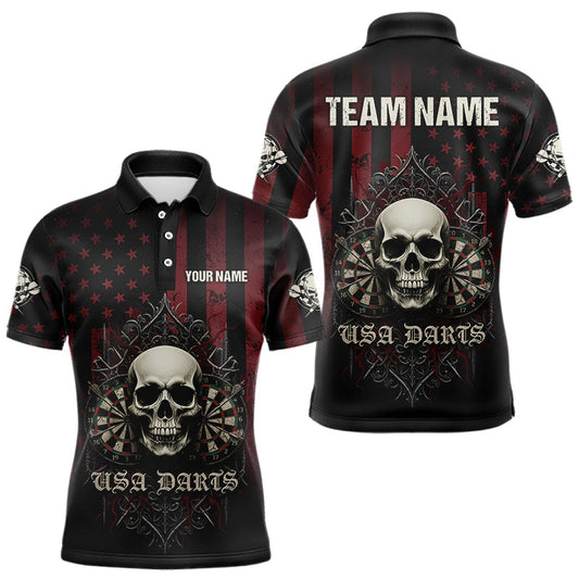 Maxcorners Custom Red Gothic Skulls Dartboard Patriotic Men Darts Polo Shirt US Flag Darts Jersey
