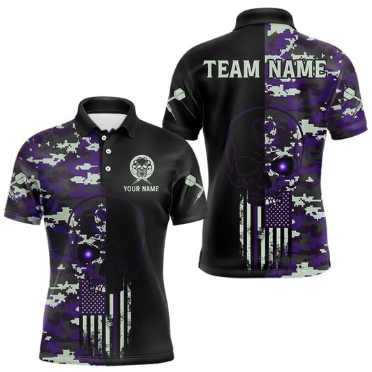 Maxcorners Black And Purple US Flag Digital Camo Skull Custom Men Darts Polo Shirt Dart Gifts