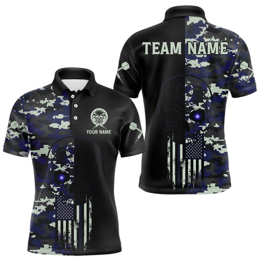 Maxcorners Black And Blue US Flag Digital Camo Skull Custom Men Darts Polo Shirt Dart Gifts