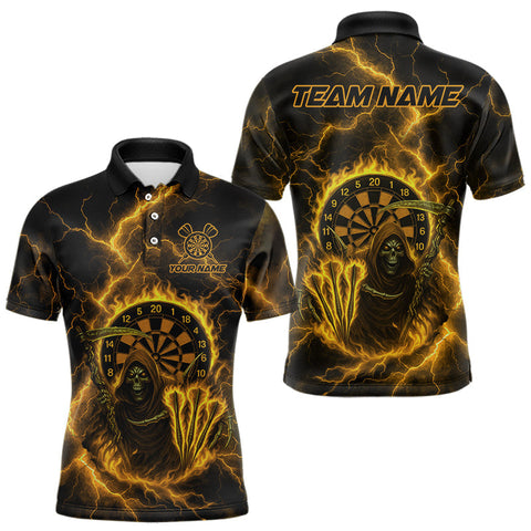 Maxcorners Custom Yellow Flames Grim Reaper Lightning Dart Men Polo Jerseys Outfits Dart Gifts LM2110