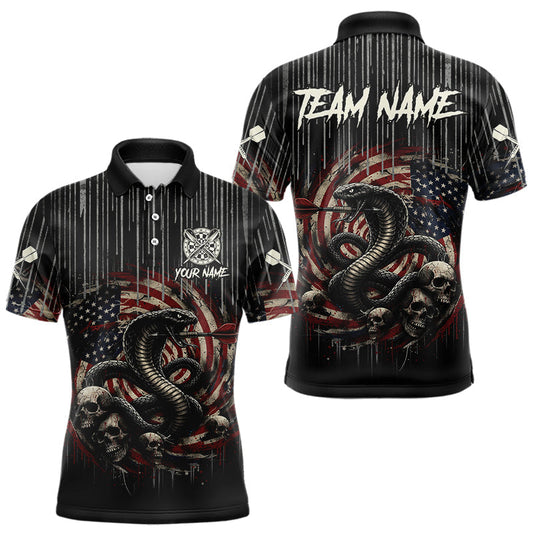 Maxcorners Custom US Flag Cobra Skull Swirl Vintage Men Darts Polo Shirt Retro Dart Jersey Gifts
