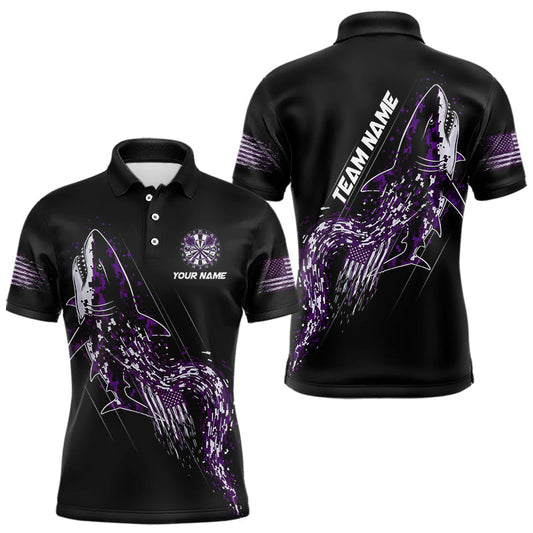 Maxcorners Custom Black And Purple US Flag Digital Camo Shark Darts Polo Shirt For Men Dart Gifts