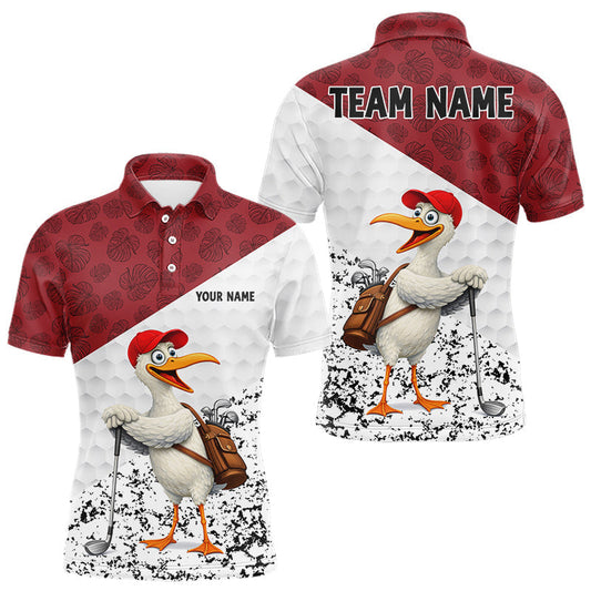 Maxcorners Funny Duck Golfer Mens Golf Polo Shirt Custom Black Grunge Tropical Team Golf Shirts | Red LM1904