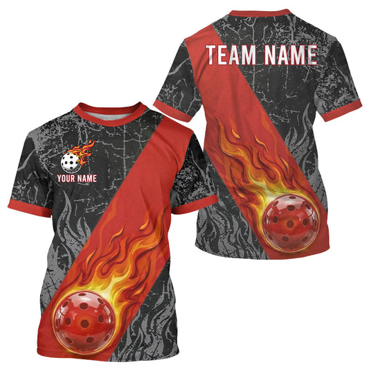 Maxcorners Fire Flame Pickleball Ball Custom Pickleball Shirts For Men, Grunge Pickleball T-Shirt Tops | Red LM1904