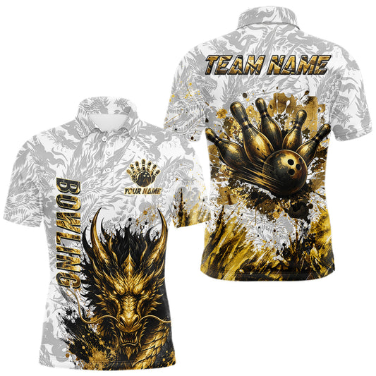 Maxcorners Splatter Black & Gold Bowling Polo & 1/4-Zip Shirt For Men Custom Gray Dragon Bowling Team Jersey LM1705
