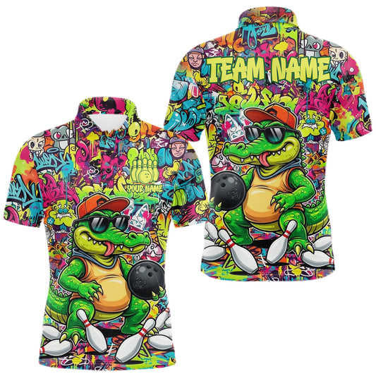 Maxcorners Funny Cool Crocodile Mens Bowling Shirts Custom Green Graffiti Team Bowling Jersey For Bowlers LM1705