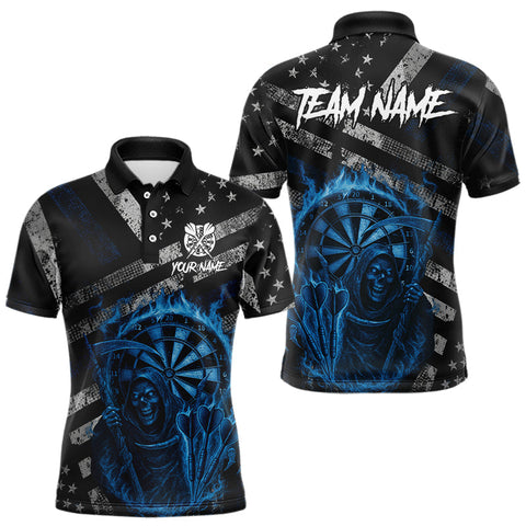 Maxcorners Custom Grunge US Flag Blue Smokes Skeleton Dart Men Polo Jerseys Patriotic Dart Shirts LM2110